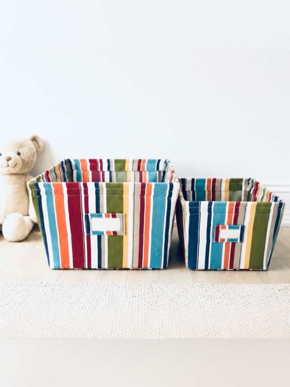 Pottery Barn Multicolor Striped Canvas Storage Bin Set of 2 NEW Discontinued